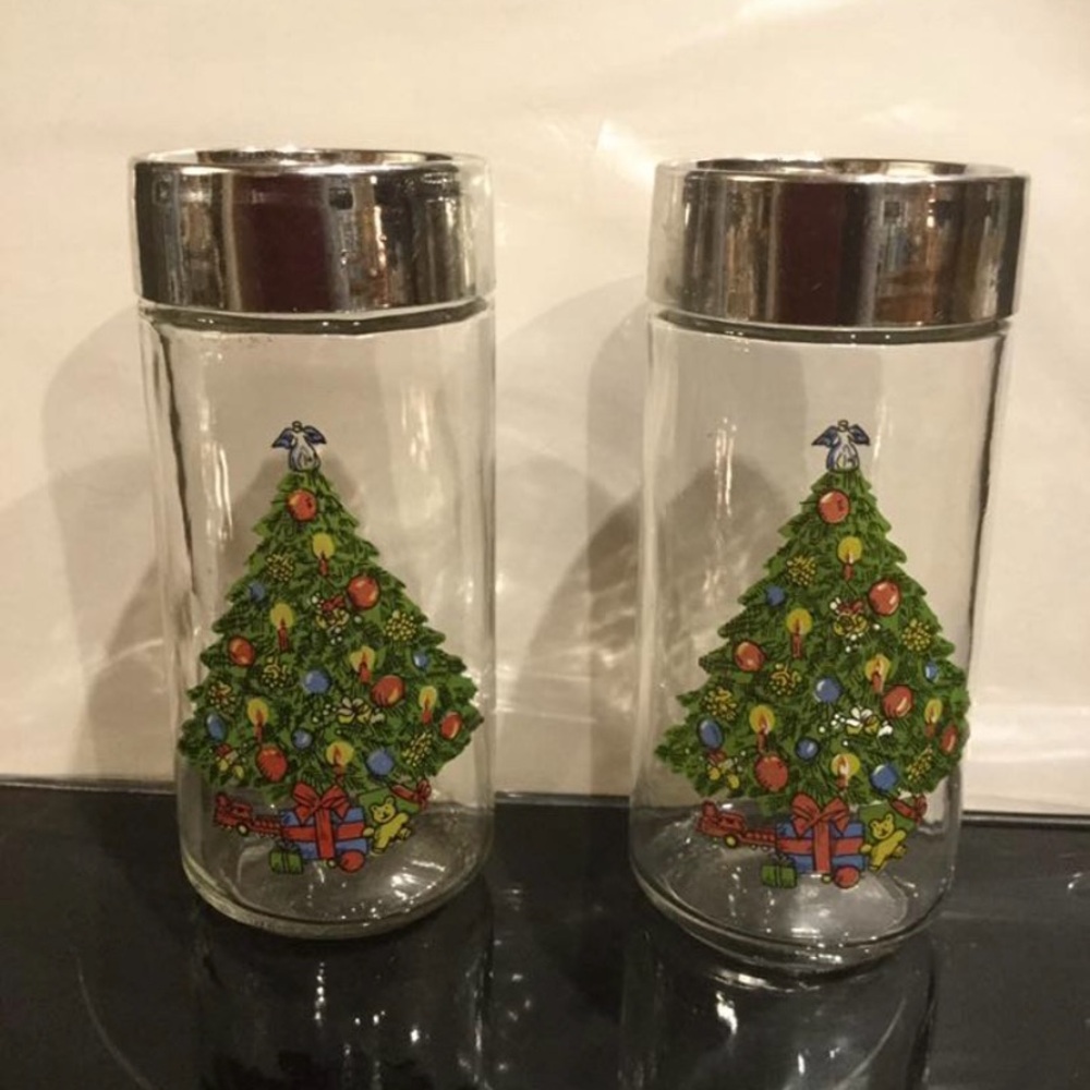 Vtg. Christmas Tree Theme SABIN glass salt pepper shaker muffineer libbey anchor